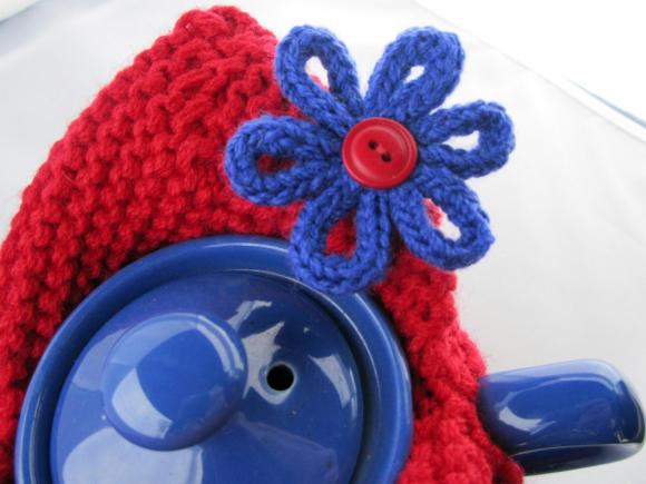 Modern Knit Tea Cosy - Cherry Red With Sapphire Blue Flower - Custom And Handmade For You