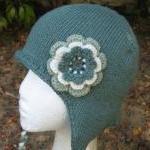 Aviator Hat Ear Flap Hat With Crocheted Flower -..