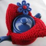 Modern Knit Tea Cosy - Cherry Red With Sapphire..