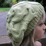 Hand Knit Hat - Slouchy Cable Beret - Leaf Green
