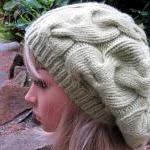 Hand Knit Hat - Slouchy Cable Beret - Leaf Green